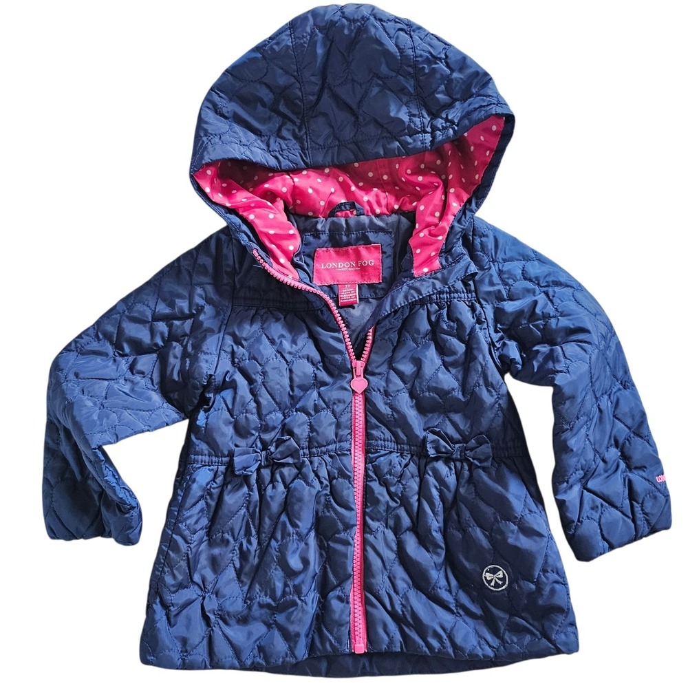 London Fog Toddler Girls Navy Blue Pink Heart Puffer Jacket Bows 3T